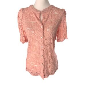 PrettyGarden Peach Lace Blouse Romantic Short Sleeve Button Down Floral Top NWT